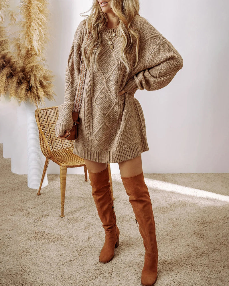 Round Neck Long Sleeve Drop Shoulder Pullover Sweater Casual Loose Fit Cable Knit Mid Length Sweater - Image 5
