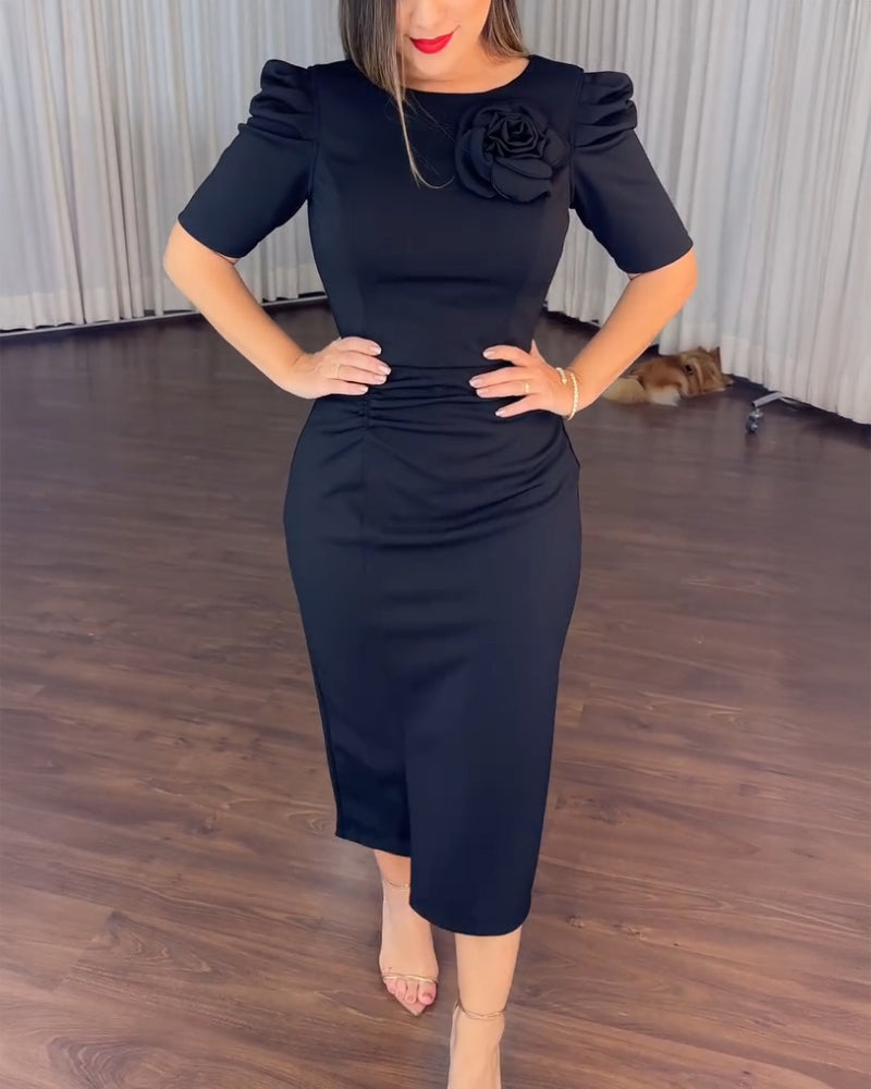 3D Flower Decor Round Neck Puff Sleeve Bodycon Dress Casual Ruched Slit Zipper Back Work Dress - Image 18