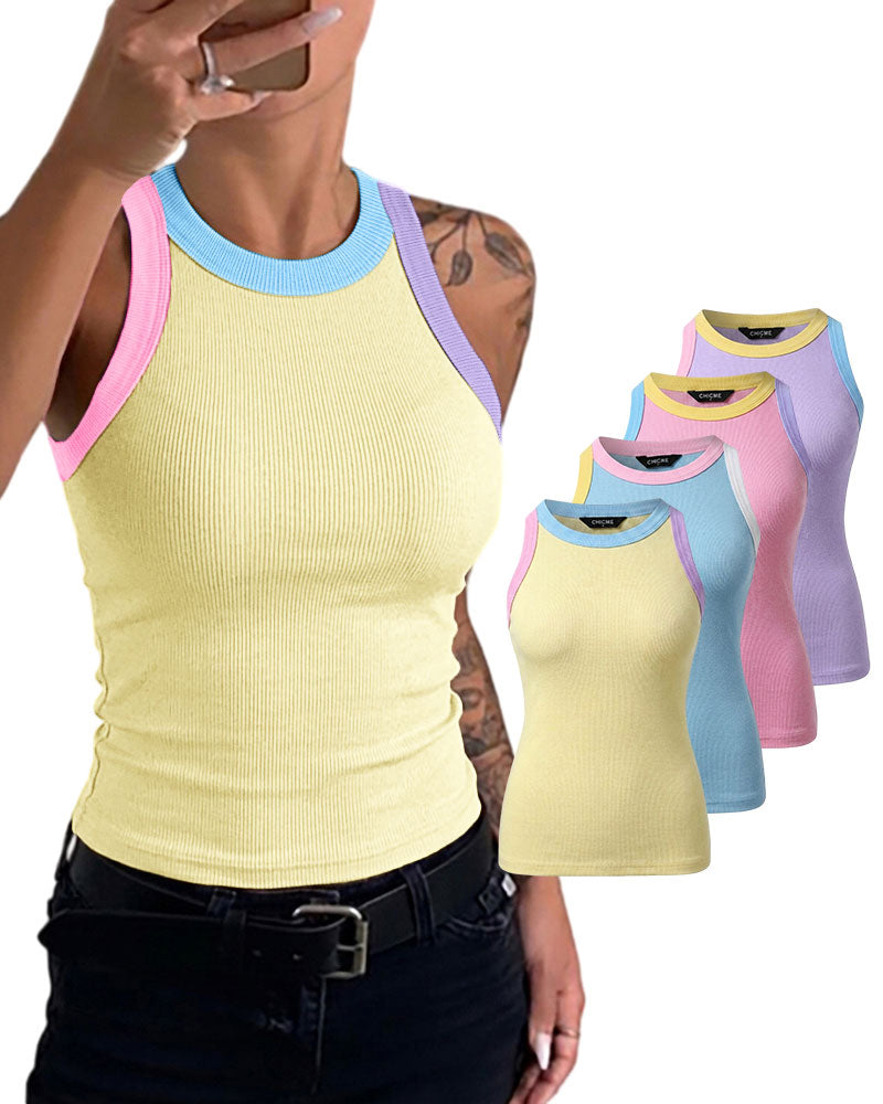 Women's Contrast Trim Ribbed Tank Top Slim Fit Sleeveless Round Neck Basic Camisole for Streetwear & Layering - Image 25