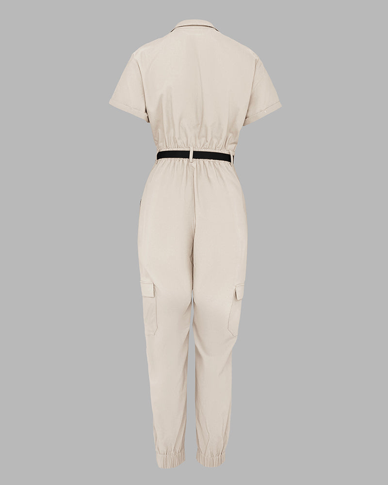 Turn-down Collar Short Sleeve Zipper Front Cuffed Short Jumpsuit Casual Pocket Design Cargo Romper with Belt - Image 4