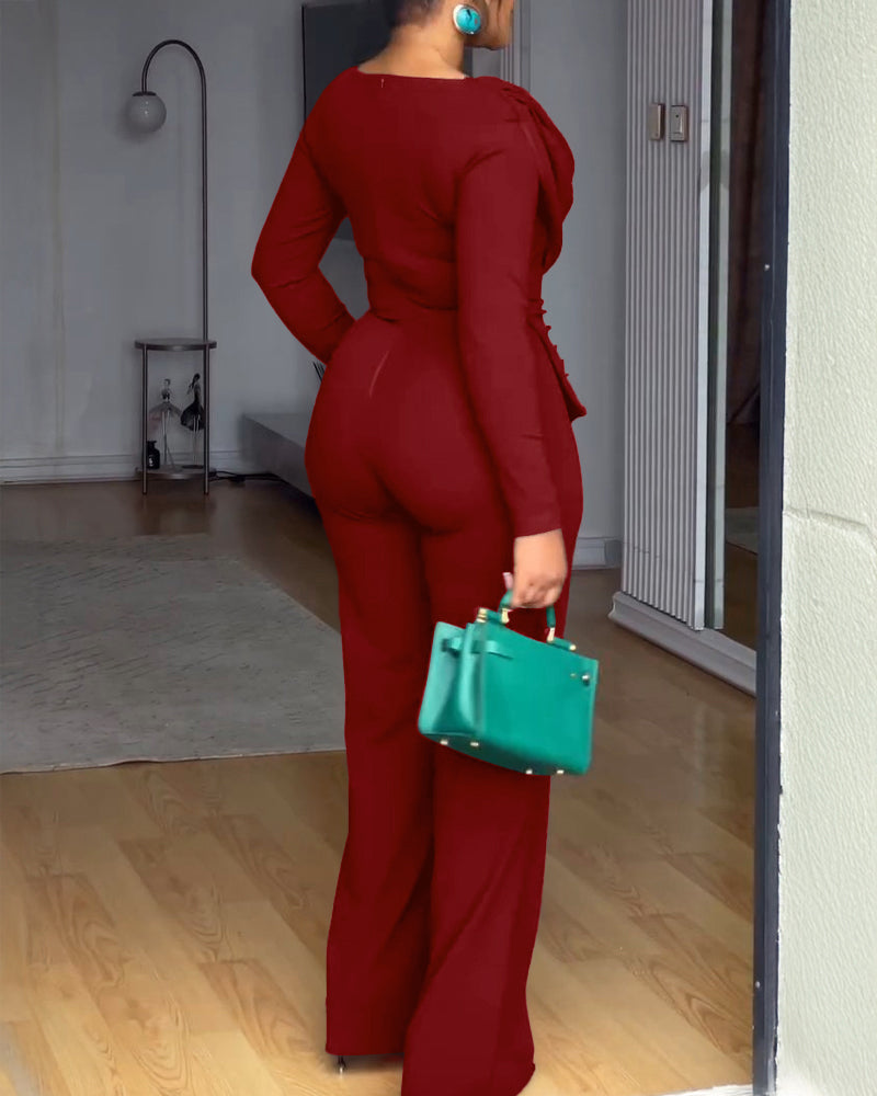 Cowl Neck Asymmetrical Textured Patchwork Cinched Waist Jumpsuit Casual Zipper Back Wide Leg Jumpsuit - Image 22