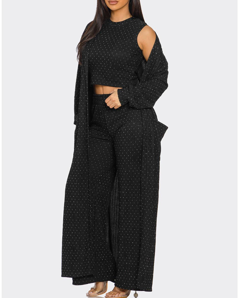3 Pieces Outfits Cozy Comfort Glitter Long Sleeve Longline Coat and Cropped Ribbed Knit Tank Wide Leg Pants Set - Image 2