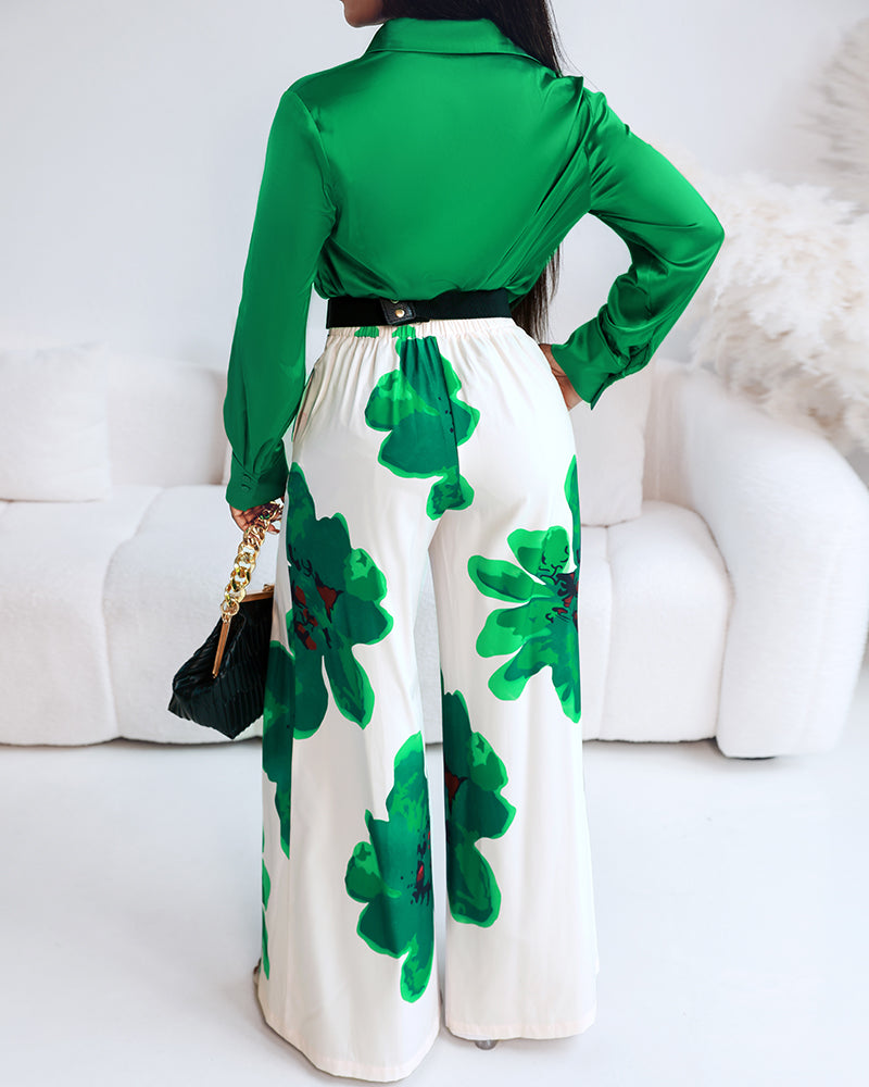 2 Pieces Outfit Long Sleeve Satin Blouse and Casual Floral Print High Waist Wide Leg Pants Set - Image 2