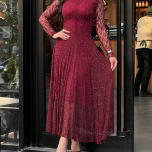 Women's Rhinestone Lace Long Sleeve Maxi Dress Crew Neck Textured A-Line Evening Gown