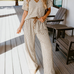 Women's 2 Piece Striped Lounge Set V Neck Short Sleeve Top and Wide Leg Pants Set