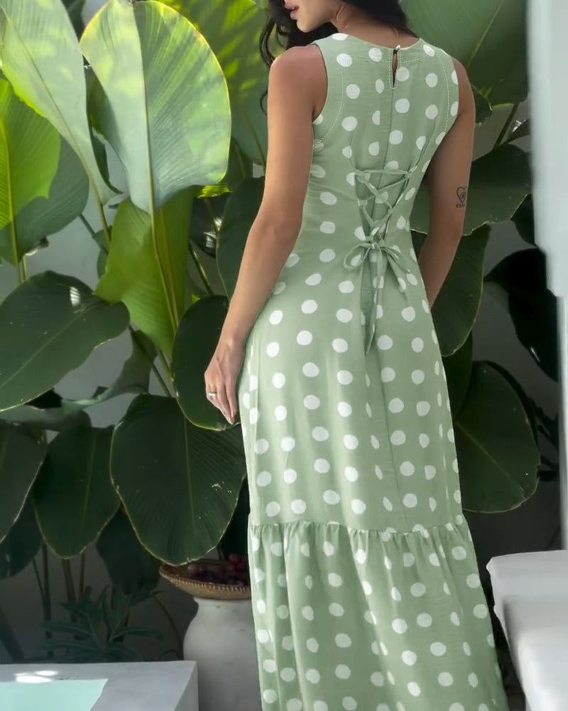 Women's Polka Dot Maxi Dress Casual Sleeveless Lace up Back Vacation Dress Elegant Ruffle Hem Loose A Line Long Sundress - Image 4