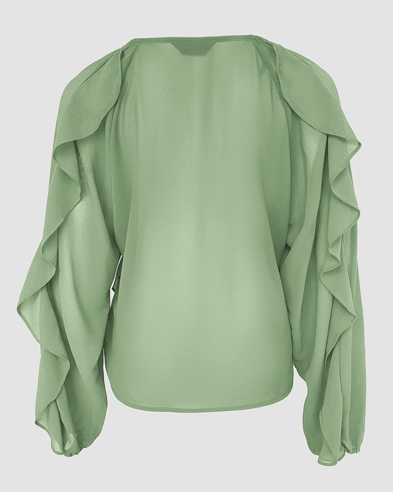 V Neck Shoulder Ruffles Design Blouse Casual Button Front Long Sleeve Top - Image 13