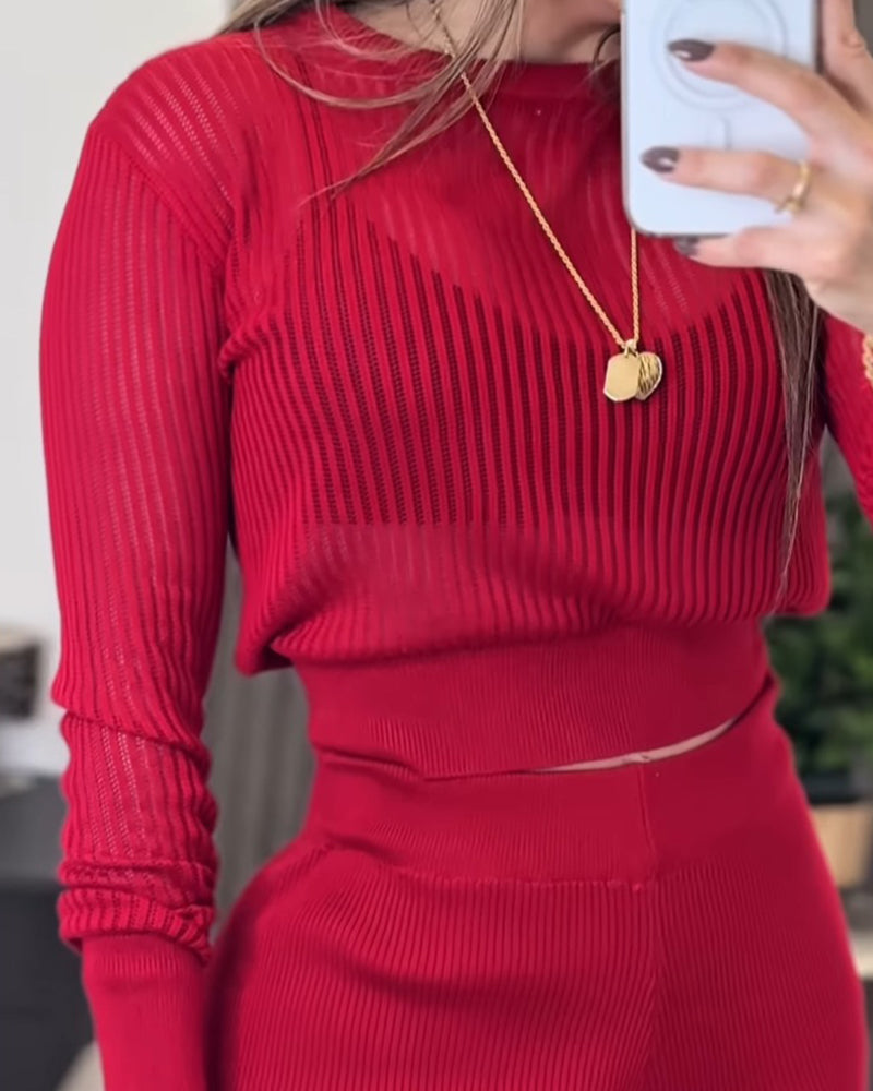 Round Neck Long Sleeve Vertical Pit Texture Top and Casual Wide Leg Pants Set - Image 9