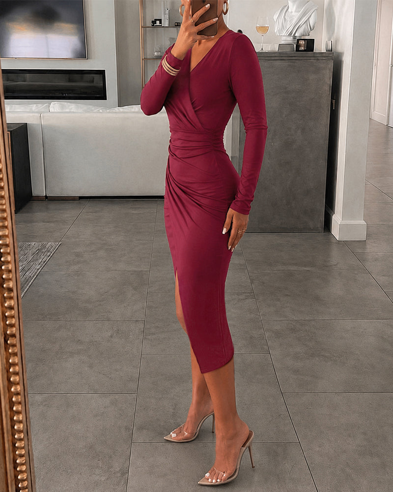 Women's Deep V Neck Long Sleeve Bodycon Dress Ruched Wrapped Slit Cocktail Dress - Image 3