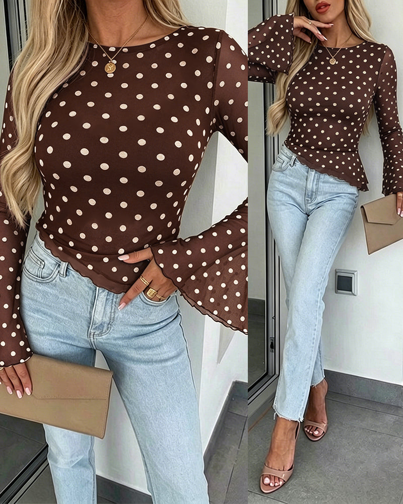 Women's Polka Dot Mesh Top Flare Long Sleeve Boat Neck Lined Asymmetric Frill Hem Blouse Vintage Party Shirt - Image 19