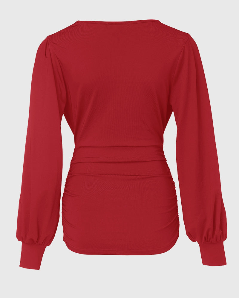 Deep V-Neck Lantern Sleeve Ruched Blouse Casual Slim Fit Top - Image 19