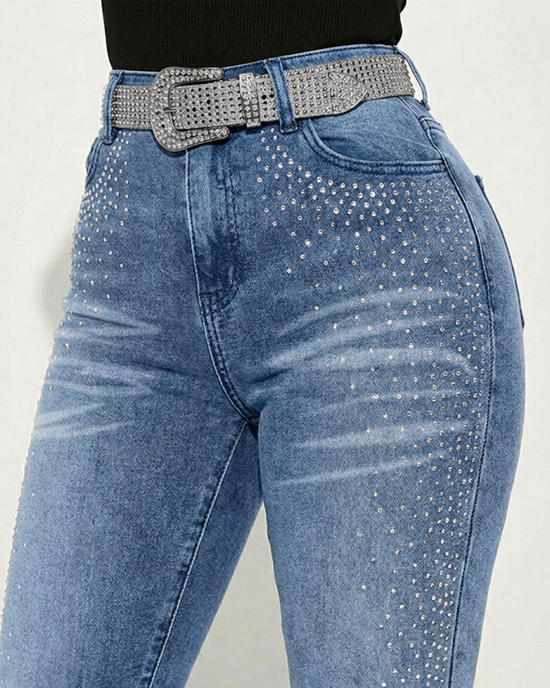 Rhinestone Decor High Waist Zipper Fly Skinny Jeans Washed Denim Pants without Belt - Image 15
