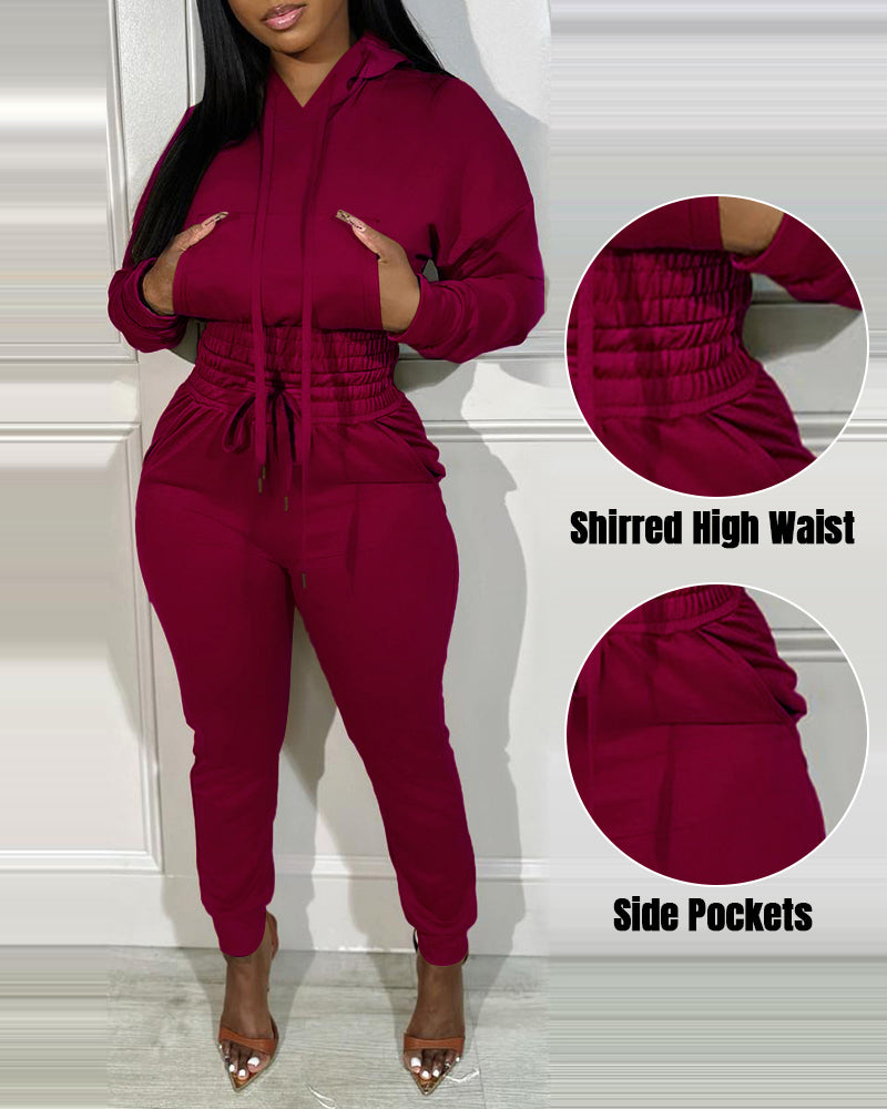 2 Pieces Outfit Drop Shoulder Kangaroo Pocket Stretchy Hem Crop Drawstring Hoodie Sweatshirt And Drawstring Elastic Waist Jogger Sweatpants Casual Tracksuit - Image 18