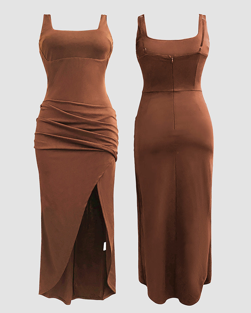 Sexy Square Neck Thick Strap Backless Slit Dress - Image 17