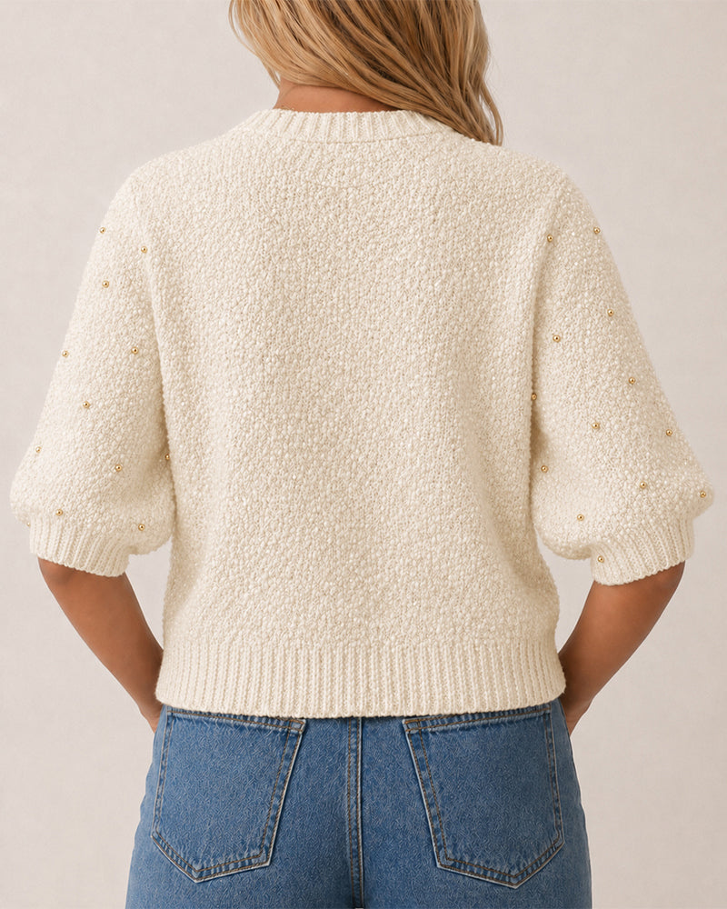 Women's Boucle Knit Cardigan Gold Beaded Puff Sleeve Sweater Crewneck Button Up Elegant Crop Outerwear - Image 2