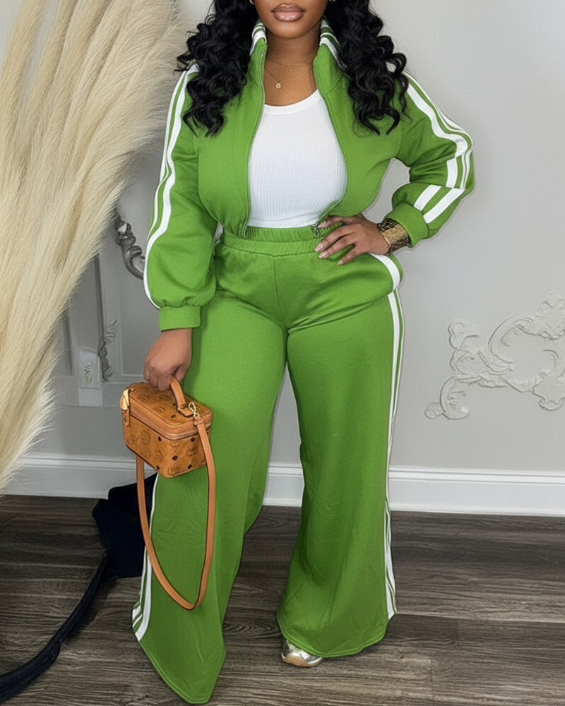 2 Pieces Outfit Stand Collar Zip Up Stretchy Hem Crop Coat and Elastic Waist Wide Leg Pants Set Casual Contrast Side Striped Set - Image 8