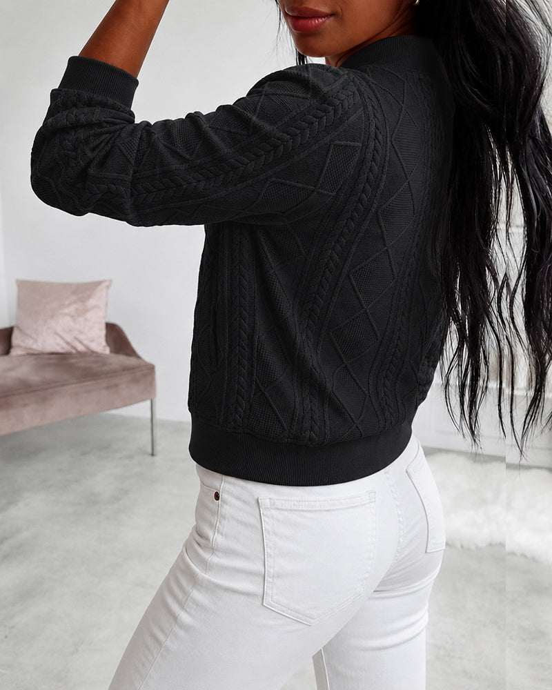 Women's Vintage Cable Knit Bomber Jacket Casual Argyle Zip Up Crop Coat with Pockets - Image 8