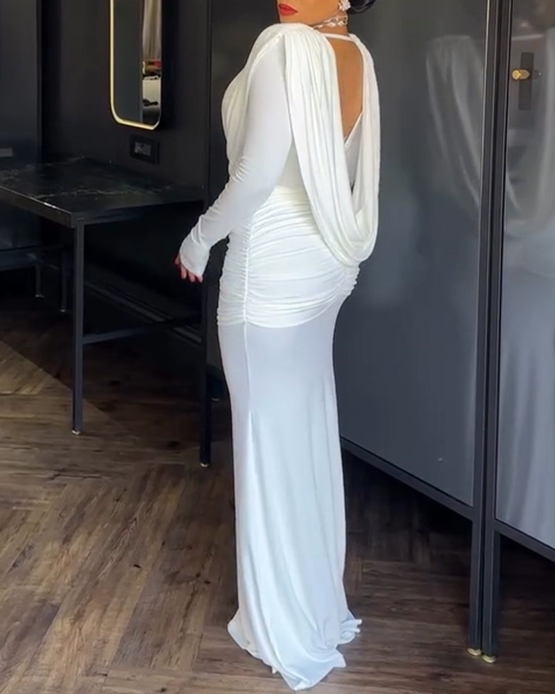 Cowl Neck Ruched Zipper Back Slim Fit Maxi Dress Casual Padded Shoulders Backless Evening Dress - Image 2