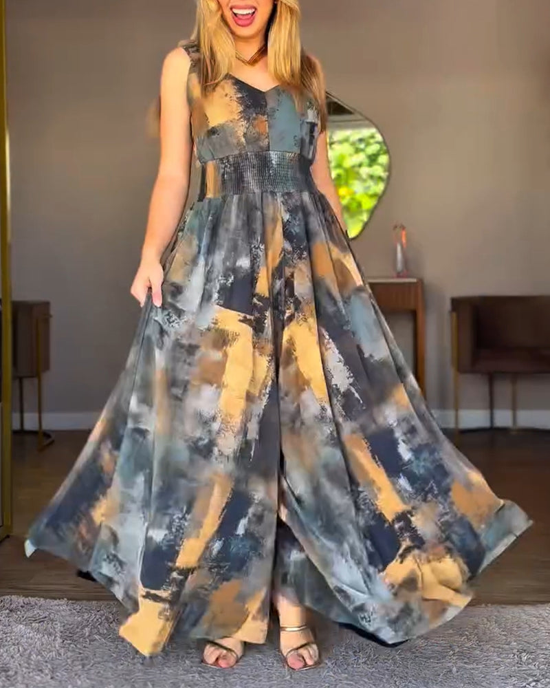 Abstract Oil Painting Print V-Neck Stretchy Thick Straps High Waist Backless Overalls Casual Shirred Waist Cinched Waist Wide Leg Jumpsuit - Image 3