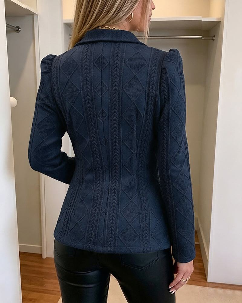 Women's Elegant Argyle Textured Blazer Slim Fit Puff Sleeve Suit Jacket Gold Button Work Office Commuter Blazer with Pockets - Image 7