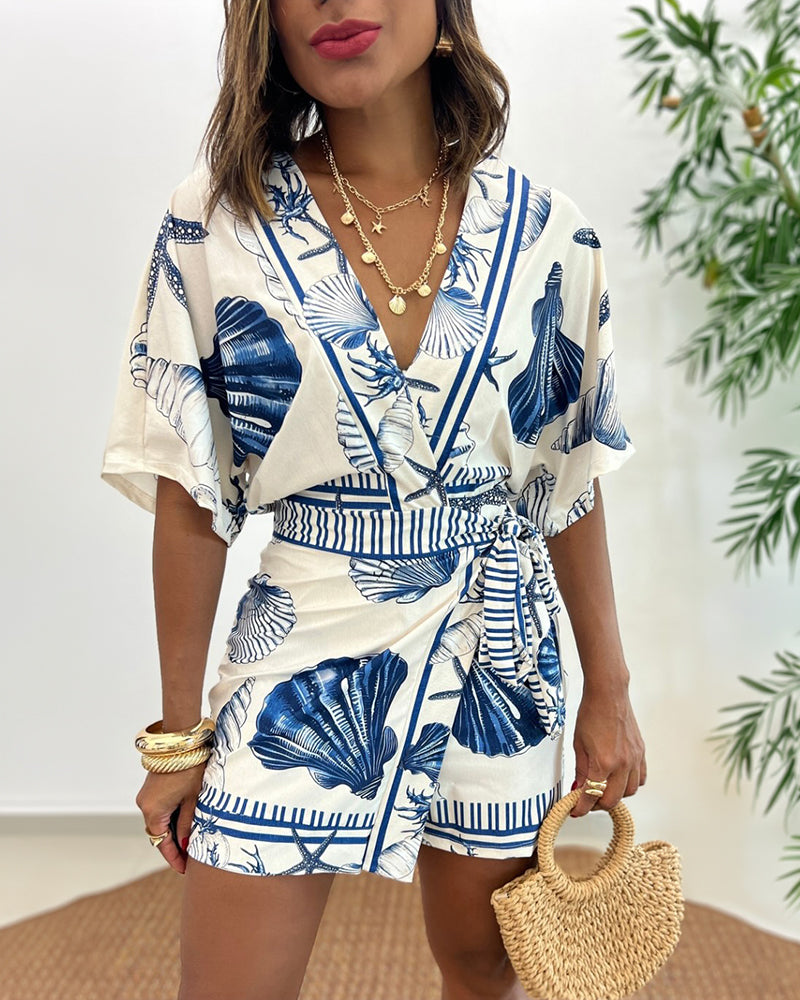 Starfish & Seashell Print Overlap V Neck Half Sleeve Wrap Knot Side Romper Casual Stretchy Back Waist Vacation Romper - Image 3