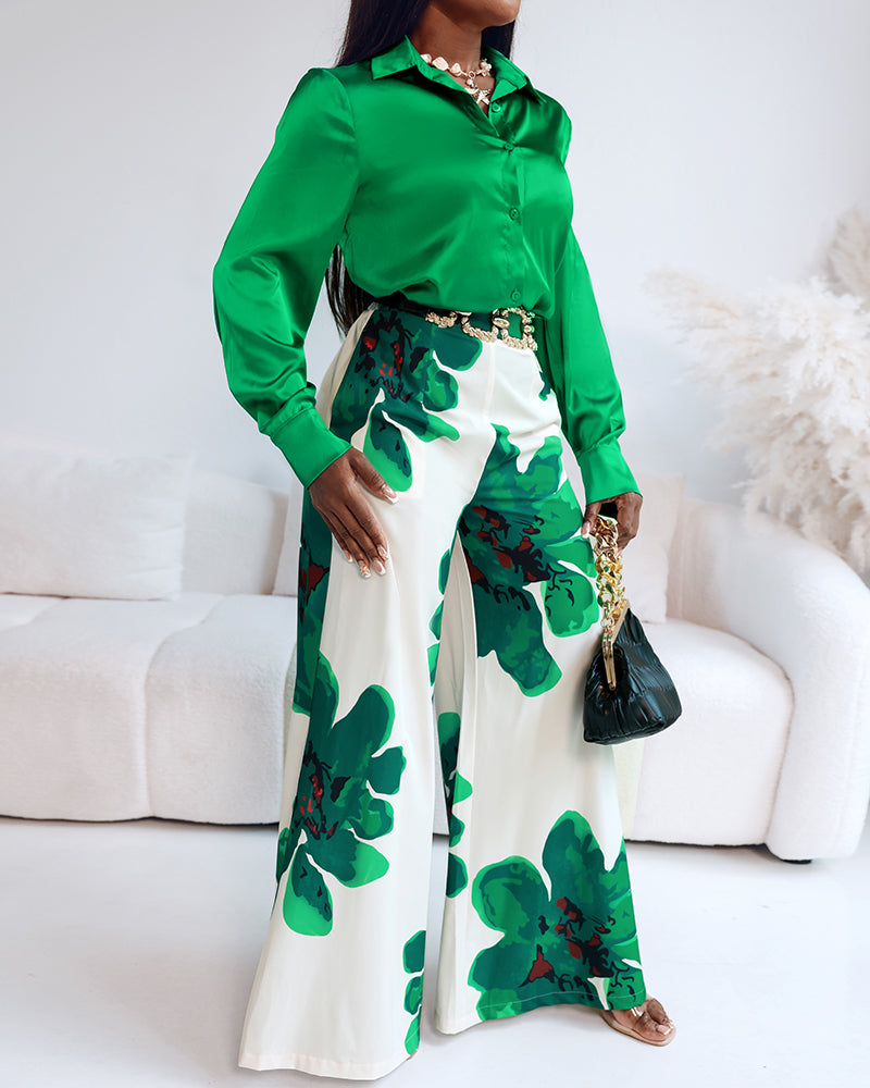 2 Pieces Outfit Long Sleeve Satin Blouse and Casual Floral Print High Waist Wide Leg Pants Set - Image 6