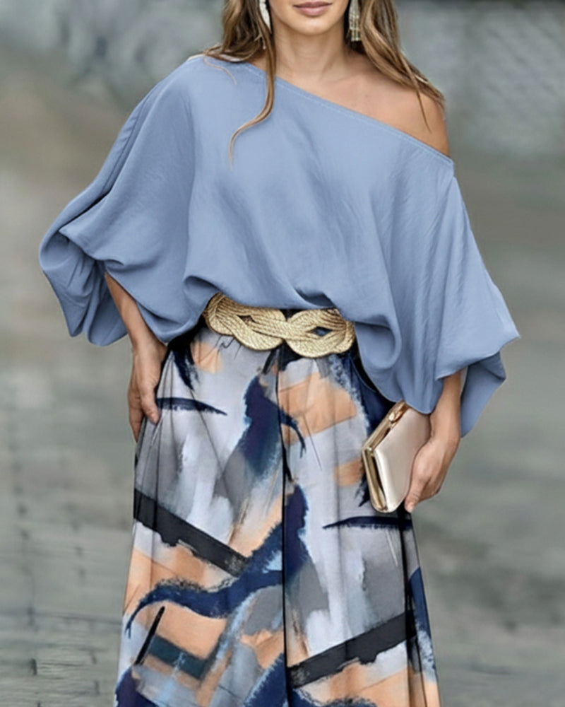 2 Pieces Outfit Skew Neck Batwing Sleeve Stretchy Hem Top and Casual Abstract Print Zipper Fly Elastic Back Waist Wide Leg Pants Set without Belt - Image 3