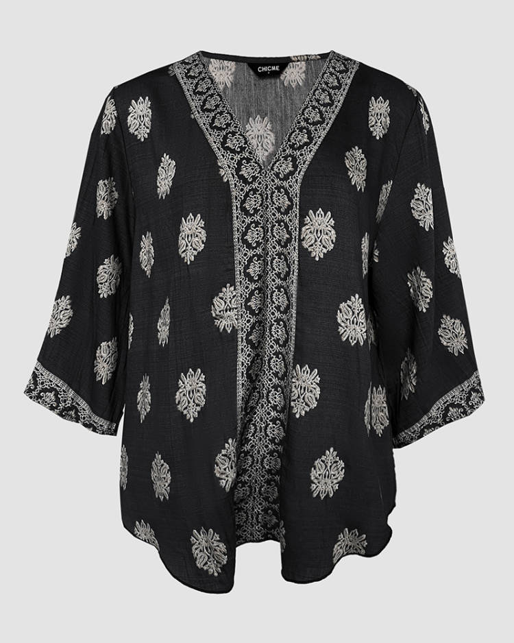 Floral Print V Neck Long Sleeve Blouse Casual Loose Fit Top - Image 13