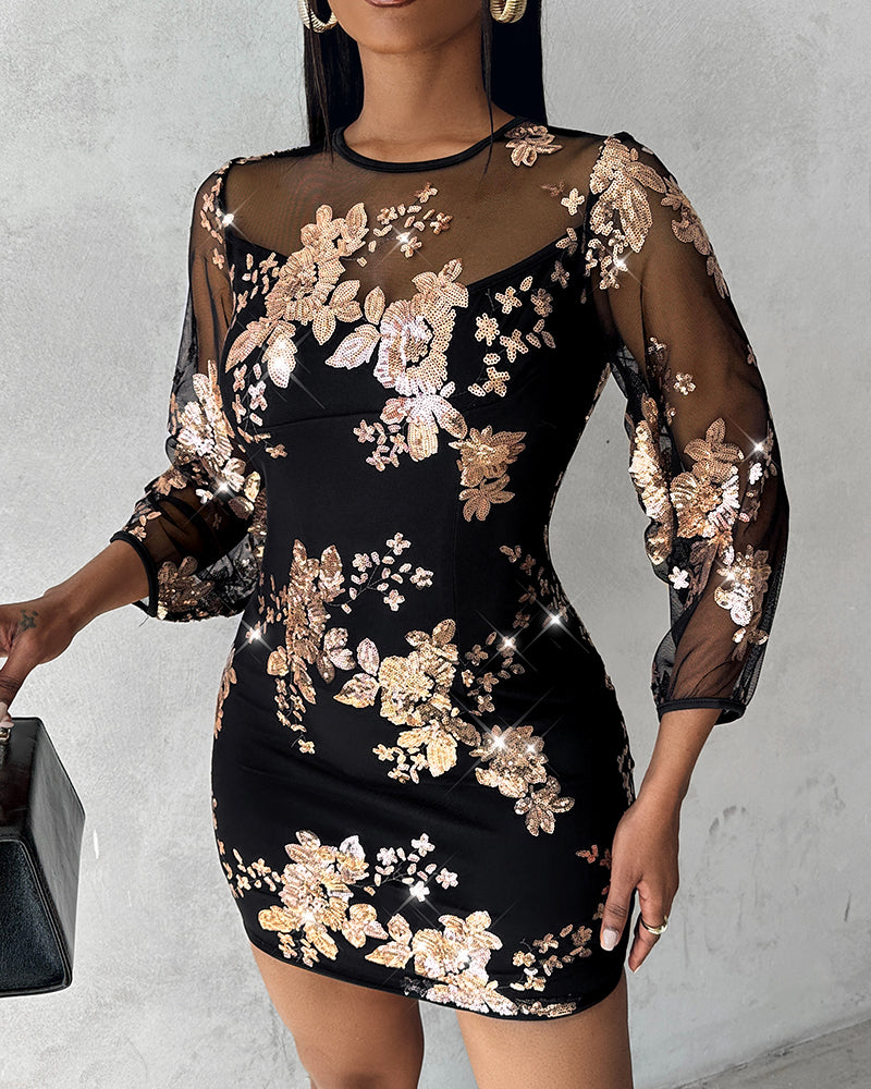 Floral Pattern Contrast Sequin Sheer Mesh Party Dress - Image 5