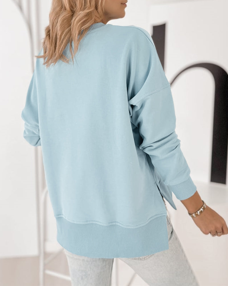 Women's Loose Crewneck Sweatshirt Embossed Letter Print Pullover Top Casual Side Slit Top - Image 12