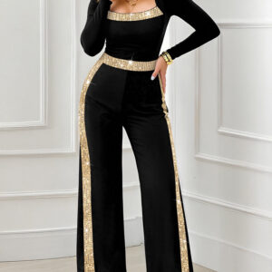 Sequin Bowknot Decor Contrast Sequin Paneled Square Neck Long Sleeve Jumpsuit Casual Cinched Waist Wide Leg Jumpsuit