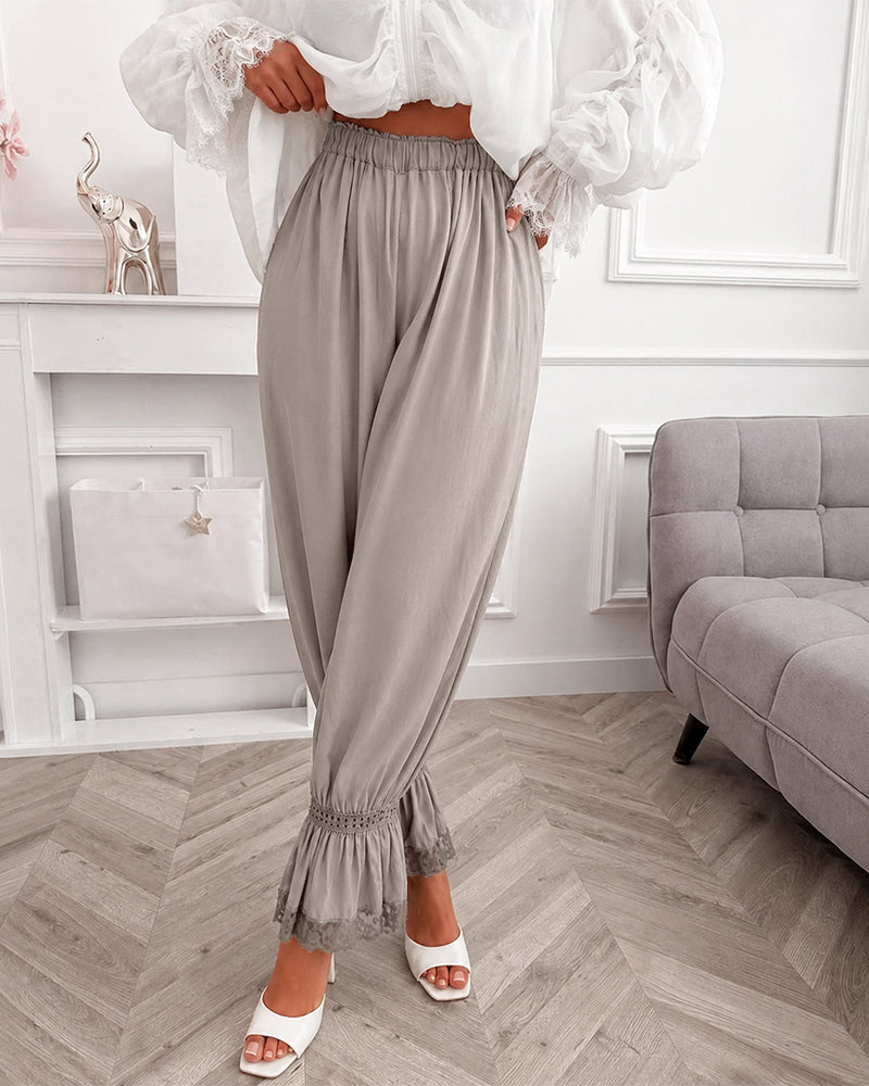 Women's Lace Patchwork Pants Elastic High Waist Hollow Out Ruffle Hem Lantern Trousers Casual Loose Lounge Pants - Image 6