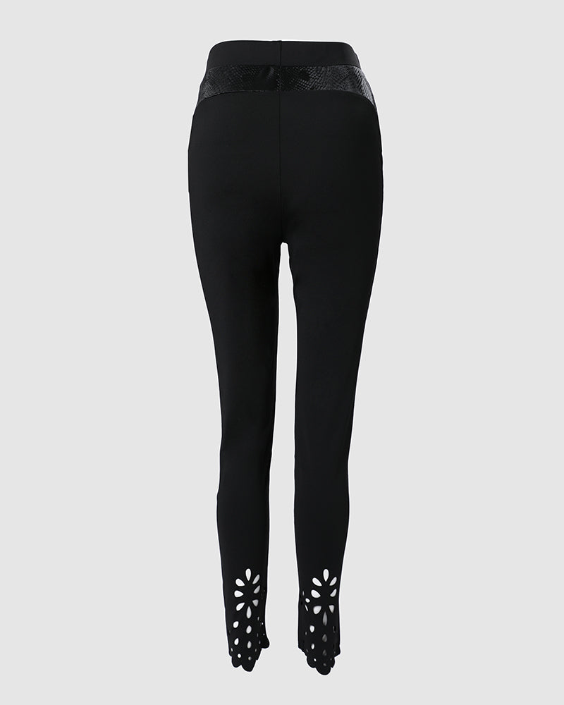 Floral Hollow Out Asymmetrical Hem Elastic Waist Skinny Pants - Image 4