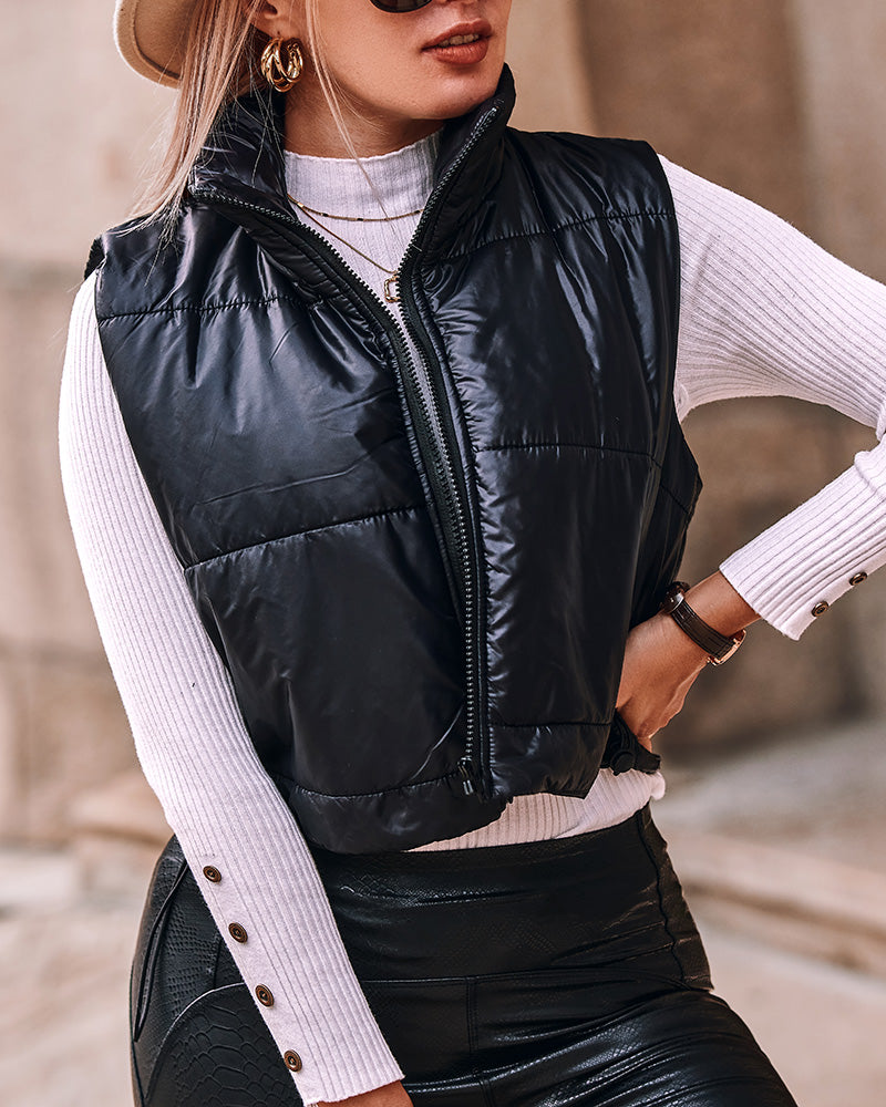 Stand Collar Zip Up Lightweight Cropped Puffer Vest Sleeveless Drawstring Hem Padded Coat - Image 15