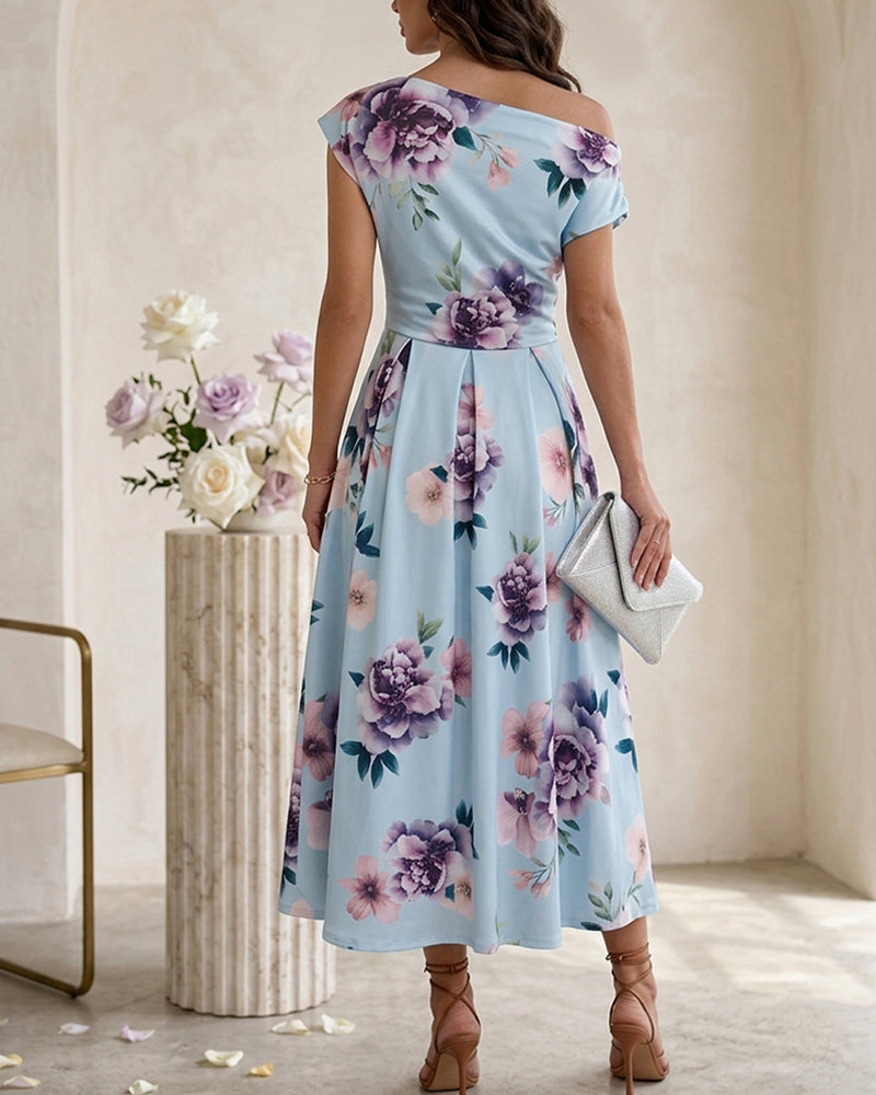 Women's Skew Neck Midi Dress Elegant Ruched Floral A-Line Dress High Waisted Vacation Dress with Pockets - Image 2