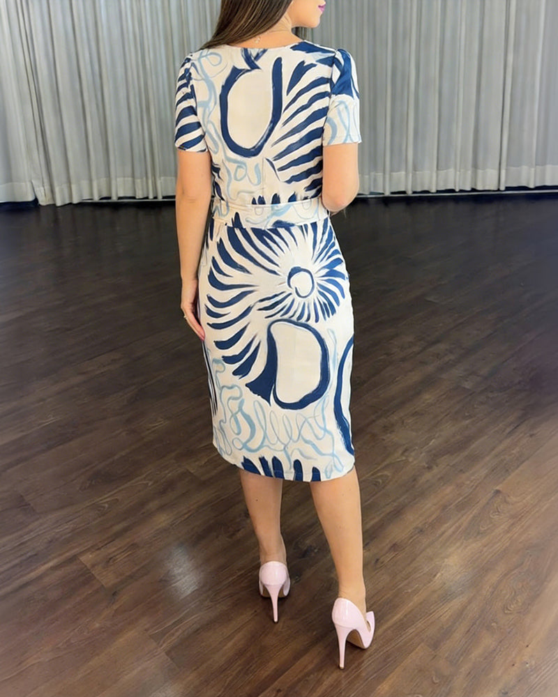 Abstract Print Short Sleeve Hollow-out Front Midi Dress with Belt - Image 2
