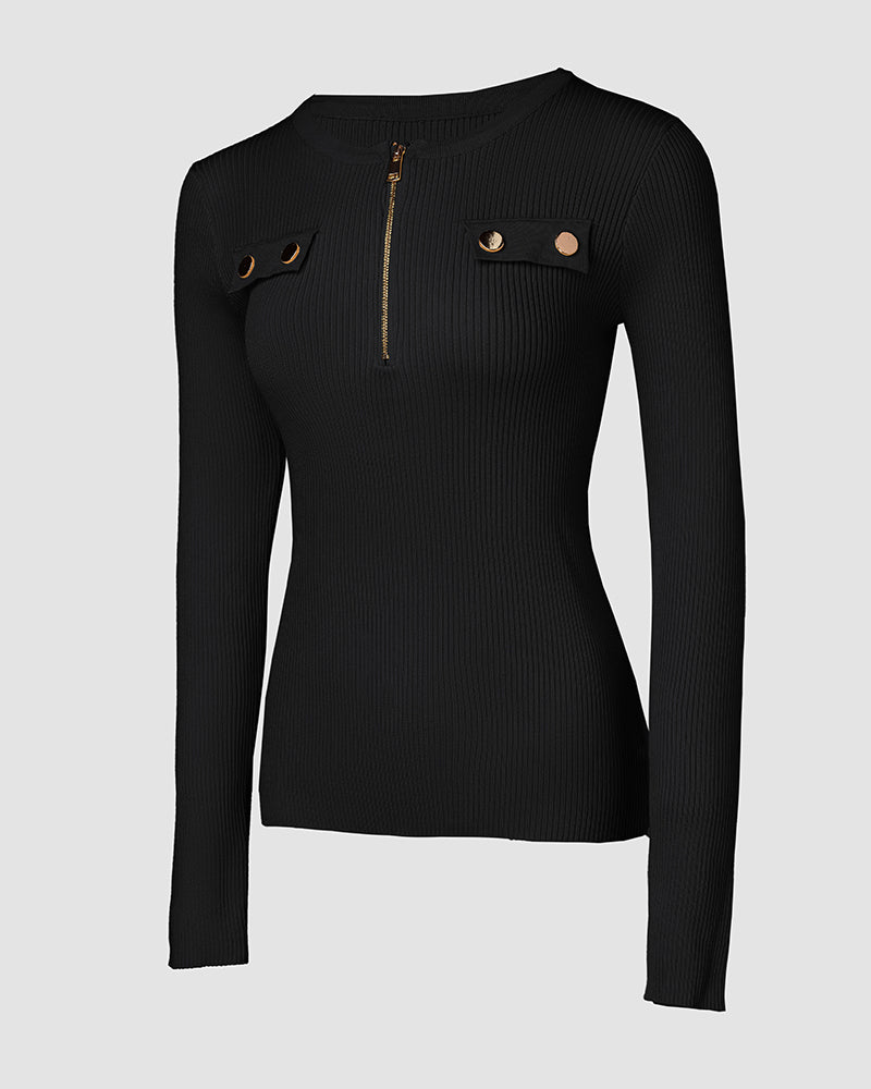 Crewneck Half Zipper Flap Detail Knit Sweater Long Sleeve Slim Fit Ribbed Pullover Top - Image 6