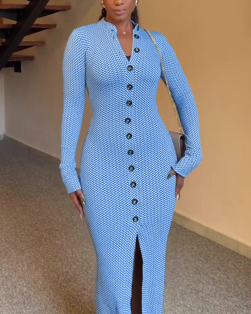 Women's Vintage Plaid Button Front Slit Maxi Dress Long Sleeve Stand Collar Slim Fit Knit Dress - Image 4