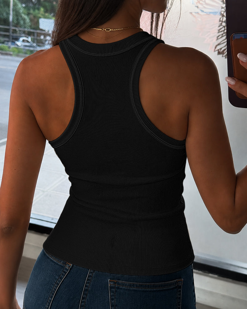 Women's Pearls Rhinestone Knit Racerback Tank Top Ribbed Crewneck Sleeveless Top - Image 2
