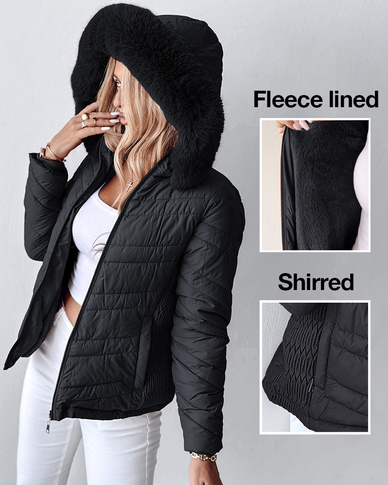 Zipper Pocket Design Shirred Fuzzy Trim Fleece Lined Hooded Puffer Jacket - Image 28