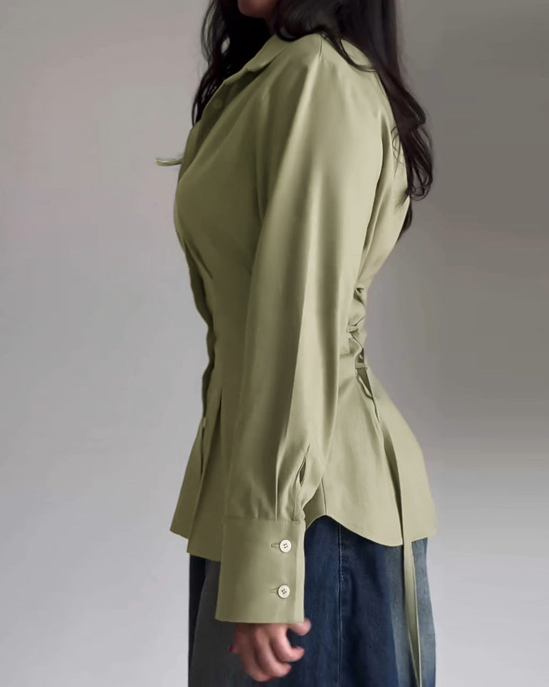 Turn-down Collar Long Sleeve Button Front Blouse Casual Back Criss Cross Tied Detail Fishtail Shirt - Image 6