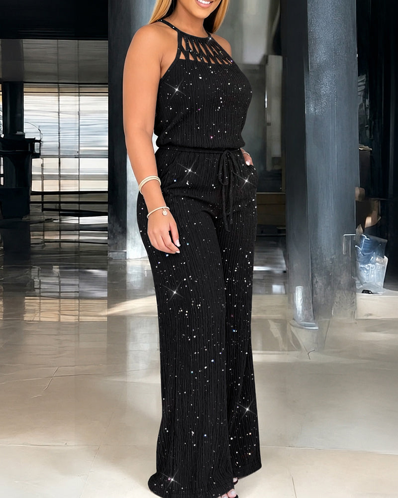 Women's Glitter Halter Tie Jumpsuit Casual Hollow Out Wide Leg Overalls Sparkling Drawstring Waist Jumpsuit with Pockets - Image 3