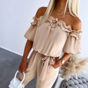 Frill Trim Off Shoulder Short Sleeve Tie Waist Overalls Casual Textured Jumpsuit