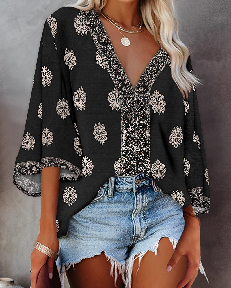 Floral Print V Neck Long Sleeve Blouse Casual Loose Fit Top - Image 9
