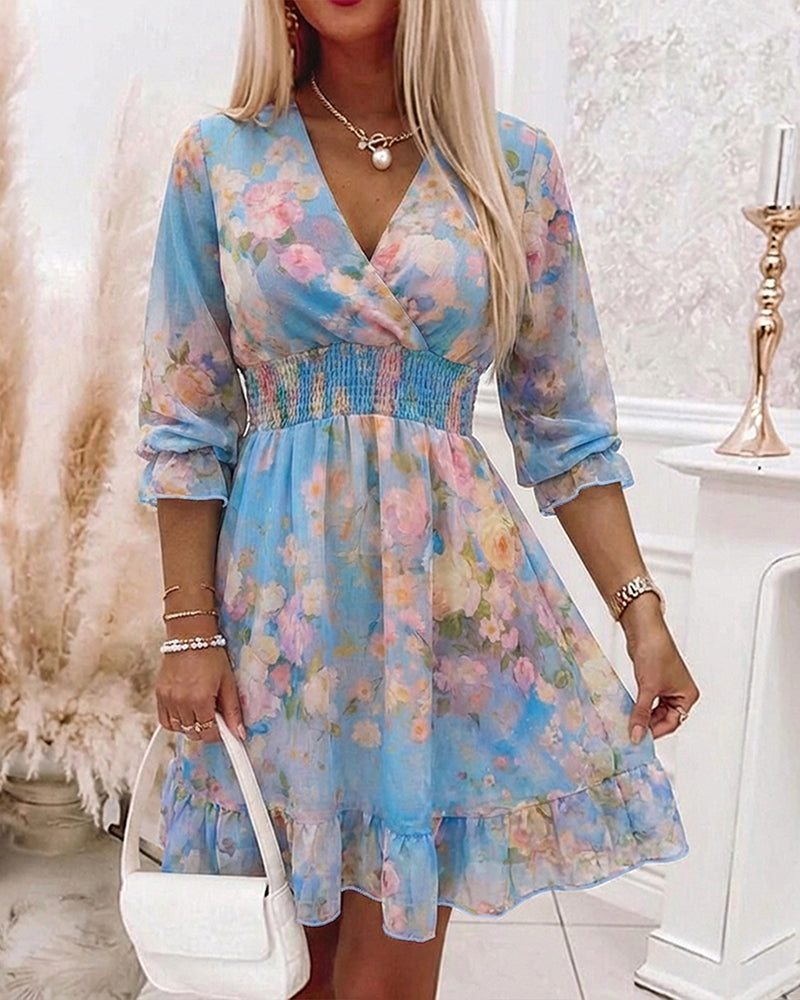 CHICME Women's Watercolor Floral Chiffon Dress Overlap V-Neck Shirred High Waist Vacation Dress A-Line Ruffle Hem Dress - Image 3