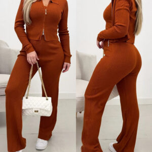 Women's Three Piece Knit Outfit Collared Two Way Zipper Coat and V Neck Tank Top and Bootcut Pants Ribbed Set
