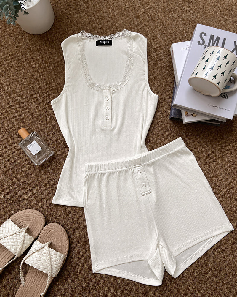 Women's 2-Piece Pajamas Set Lace Trim Henley Neck Tank Top and Shorts Set Casual Loungewear - Image 5