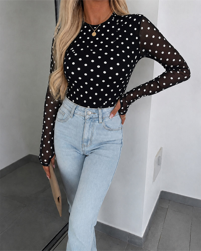 Women's Mesh Polka Dot Top Lined Sheer Long Sleeve Tee Crewneck Slim Fit Layering Under Base Top with Thumbholes - Image 19
