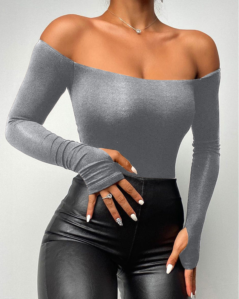 Off Shoulder Long Sleeve Skinny Casual Top - Image 21
