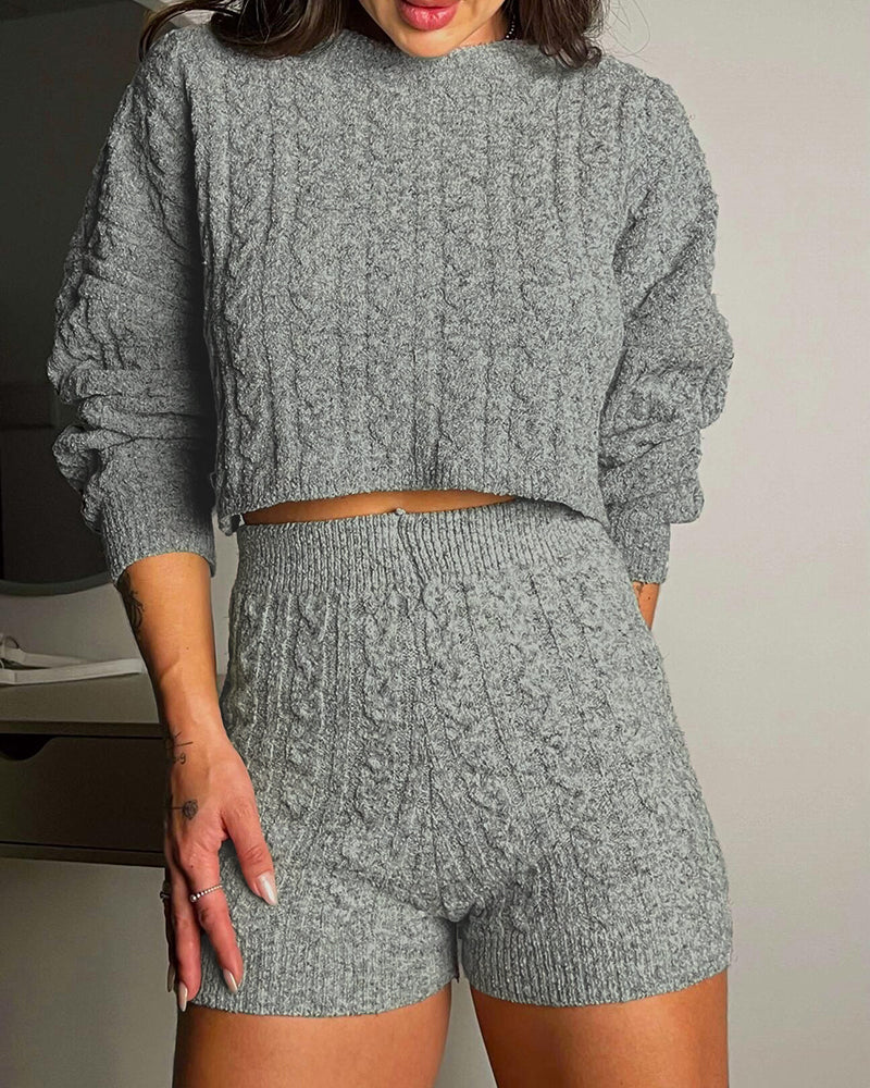 2 Piece Crewneck Long Sleeve Cable Knit Crop Sweater High Waist Shorts Tracksuits Outfits - Image 5